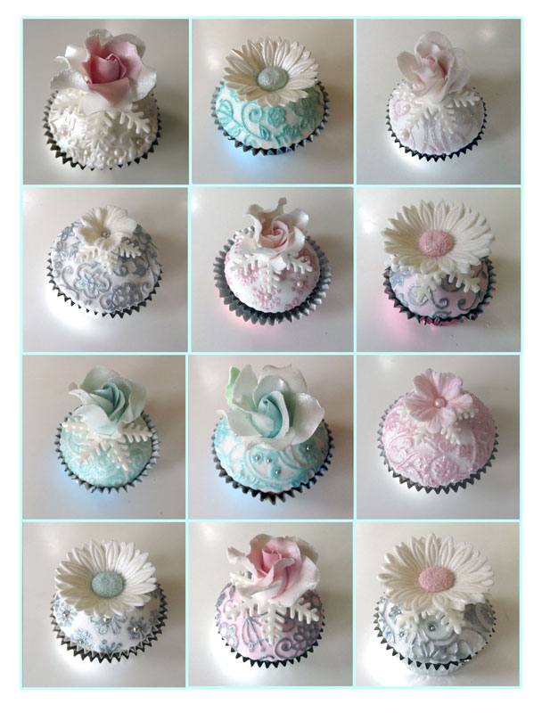 Winter themed Vanilla Cupcakes with handmade sugar flowers and stenciled fondant.